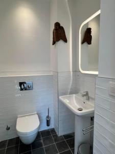 a white bathroom with a toilet and a sink at Le Moulin de L'Abbaye Notre Dame du Vivier in Namur
