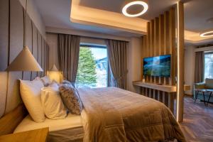 a bedroom with a large bed and a television at Adryades luxury apartments in Metsovo