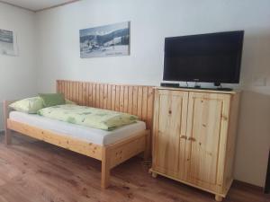a room with a tv on a wooden cabinet with a bed at Apartmány Rejdovian in Telgárt