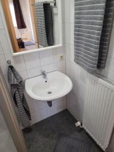 Möbliertes Zimmer في بايروث: حمام مع حوض أبيض ومرآة
