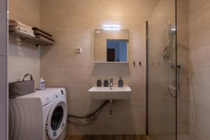 a bathroom with a washing machine and a sink at Bled4U Apartment in Bled