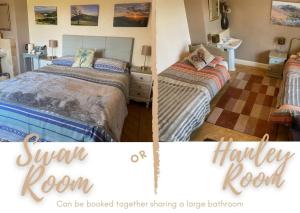 
two pictures of a bedroom with a bed and a dresser at Orchard Side Bed and Breakfast in Great Malvern
