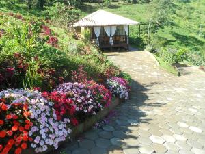 un jardin avec des fleurs colorées et un kiosque dans l'établissement Casa do Lago, à Pedra Menina