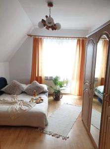 une chambre avec un lit et une grande fenêtre dans l'établissement apartament Dominik, à Zakopane