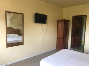 a bedroom with a mirror and a bed and a tv at A la Ficelle du Lac Rose in Niaga +33 photos