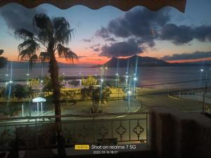 a view of a sunset from a window with a palm tree at Palatino in Loutra Edipsou