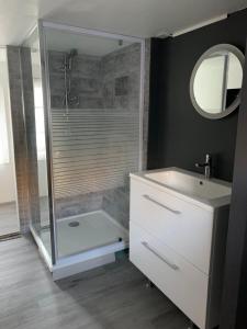 a bathroom with a shower and a sink and a mirror at maison chaleureuse en plein coeur de Livarot in Livarot