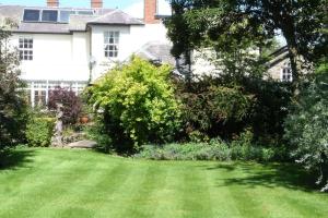 Kwerky Cottage في North Lydbury: ساحة منزل مع حديقة خضراء