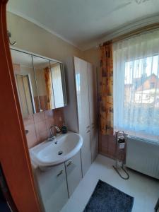 a bathroom with a sink and a mirror at Ferienhaus Harzidylle in Siptenfelde +10 photos