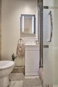 a bathroom with a toilet and a sink and a mirror at Seòmar Beag in Oban