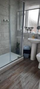 a bathroom with a shower and a toilet and a sink at Westbrook Lodge Guest House in Margate
