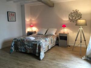 1 dormitorio con 1 cama, 2 lámparas y un trípode en Les Angelots, en Condom