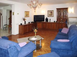 uma sala de estar com sofás azuis e uma televisão em house Divna em Valbandon