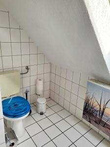 La salle de bains est pourvue de toilettes avec un siège bleu. dans l'établissement Heimathafen Ückeritz, à Ückeritz