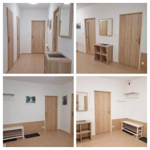 3 photos d'une chambre avec lavabo et d'une chambre avec porte dans l'établissement Apartmán 101, à Horní Maršov