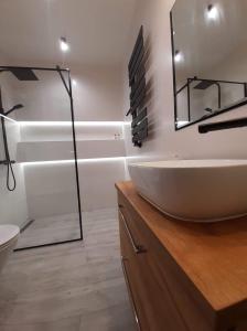 a bathroom with a white sink and a mirror at Apartament Aniutka in Międzyzdroje