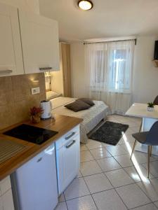 eine Küche und ein Wohnzimmer mit einem Bett im Hintergrund in der Unterkunft Guest House Renata in Plomin
