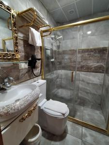 y baño con ducha, aseo y lavamanos. en Sehrizade Konagi en Amasya