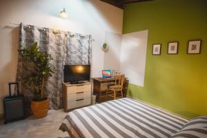 una camera con letto e scrivania con TV di Malaika Hostel Medellín a Medellín