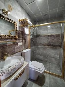 y baño con aseo, ducha y lavamanos. en Sehrizade Konagi en Amasya