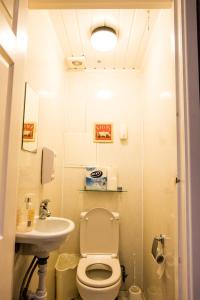 La petite salle de bains est pourvue de toilettes et d'un lavabo. dans l'établissement Central Hotel, à Londres