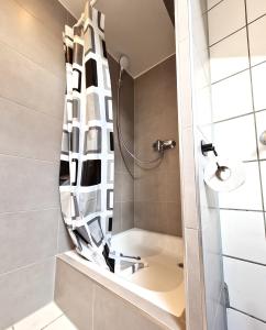 a bathroom with a shower with a mirror at Chagall - helles und gemütliches Appartement in Uninähe in Mainz +31 photos