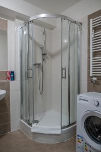 a shower in a bathroom with a washing machine at SGL apartment Liptovska with free parking in Trenčín
