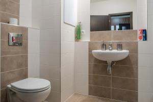 a bathroom with a toilet and a sink at SGL apartment Liptovska with free parking in Trenčín +14 photos