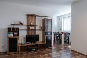 a living room with a tv and a entertainment center at SGL apartment Liptovska with free parking in Trenčín