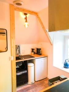 a small kitchen with a sink and a stove at L’INDUSTRIEL en centre ville sur rive du TRIEUX in Guingamp