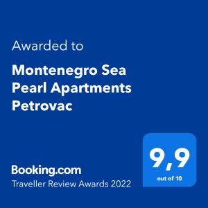 Ett certifikat, pris eller annat dokument som visas upp på Montenegro Sea Pearl Apartments Petrovac