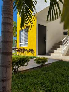 una casa amarilla con una puerta negra y una palmera en Depa Xcalacoco, Playa Del Carmen en Playa del Carmen
