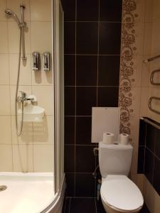 a bathroom with a toilet and a shower at Trumpalaikė buto nuoma,apgyvendinimas - bekontaktis įėjimas in Rokiškis