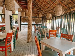 a restaurant with tables and chairs and windows at El Fuerte Beach Apartments in Mahahual