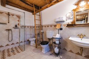 a bathroom with a sink and a toilet and a shower at Agriturismo Bon Tajer in Colderù