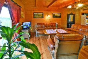 een woonkamer met lederen meubels en een tafel bij holiday home, Swiecianowo 