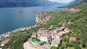 een stad op een heuvel naast een waterlichaam bij Villa Borgo Borago in Brenzone sul Garda