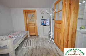ein Schlafzimmer mit einem Bett und einem TV in der Unterkunft Cztery Pory Roku in Jeżów Sudecki