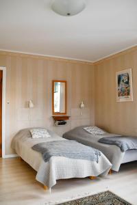 格蘭耶德的住宿－Villa Sjöhästen，一间卧室配有两张床和镜子