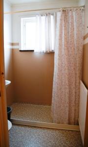 a bathroom with a shower curtain and a window at Villa Sjöhästen in Grangärde
