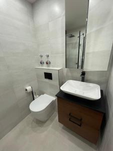 een witte badkamer met een toilet en een wastafel bij Apartment am Wasserfall - Erholung in Top-Lage in Feldberg