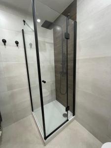 a shower with a glass door in a bathroom at Apartment am Wasserfall - Erholung in Top-Lage in Feldberg
