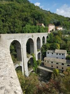 a stone bridge over a river with a train at La Maison di Francesco in Genova