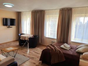 カトヴィツェにあるアパートハウス アパルタメンティ セントラムのベッドルーム1室(ベッド1台、テーブル、窓付)