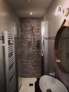 een badkamer met een douche en een wastafel bij L’isard in Ax-les-Thermes