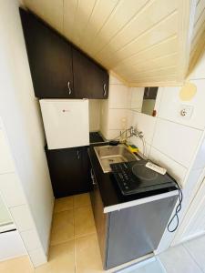- une petite cuisine avec des placards noirs et un évier dans l'établissement Simic, à Aranđelovac