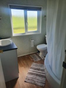 a bathroom with a sink and a toilet and a window at On farm Chalet, sleeps 6, Rhoshirwaun in Aberdaron