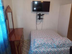 Habitación pequeña con cama y TV de pantalla plana. en Canadian Standard Villa Guesthouse, en Montego Bay