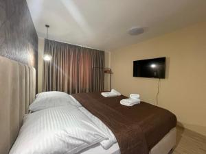 a hotel room with a bed and a flat screen tv at Totina Apartments in Závažná Poruba