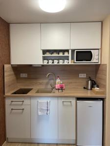 a kitchen with a sink and a microwave at Totina Apartments in Závažná Poruba